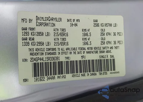 2005 Dodge Grand Caravan Sxt z USA, uszkodzony, nr VIN 2D4GP44L15R336391